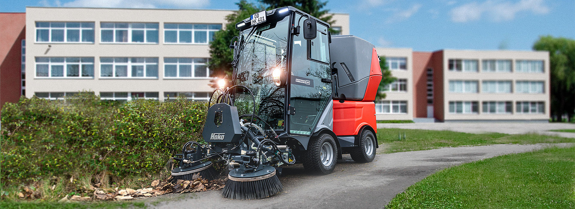 Exterior view of school building with playground.